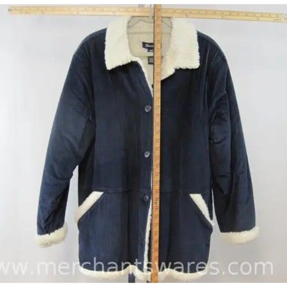 SALE!! Denim & Co Navy Blue Sherpa Lined Corduroy Button Front Jacket Large - Picture 2 of 8